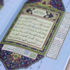 مصحف ملون الاطراف وبهامشه التقسيم الموضوعي و التبيان لكلم المنان من تفسير السعدي مقاس 14*20