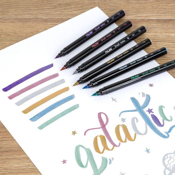 Box 6 Brush Tip FibrePens Metallic Colors