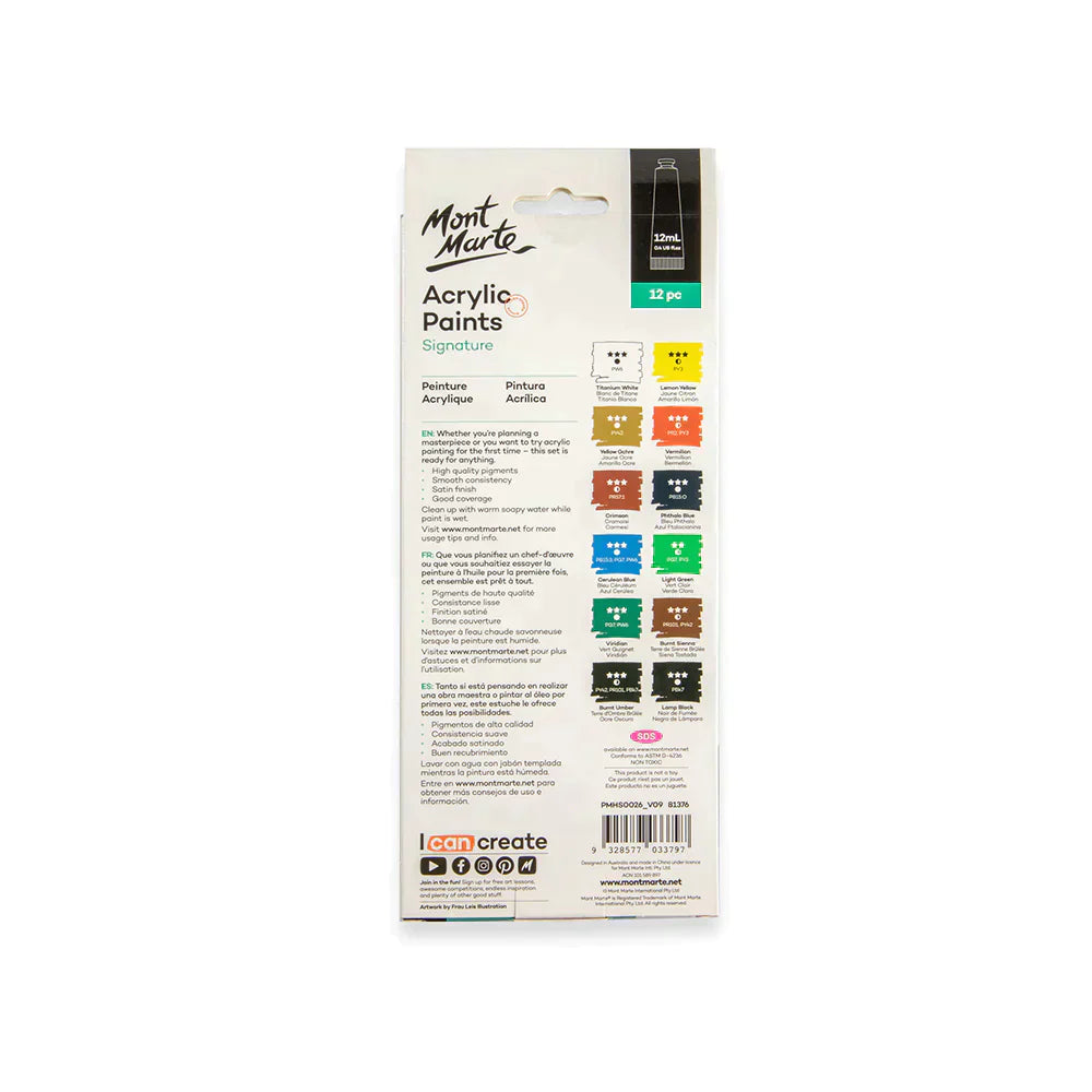 Mont Marte Acrylic Paints 12pc x 12ml - PMHS0026
