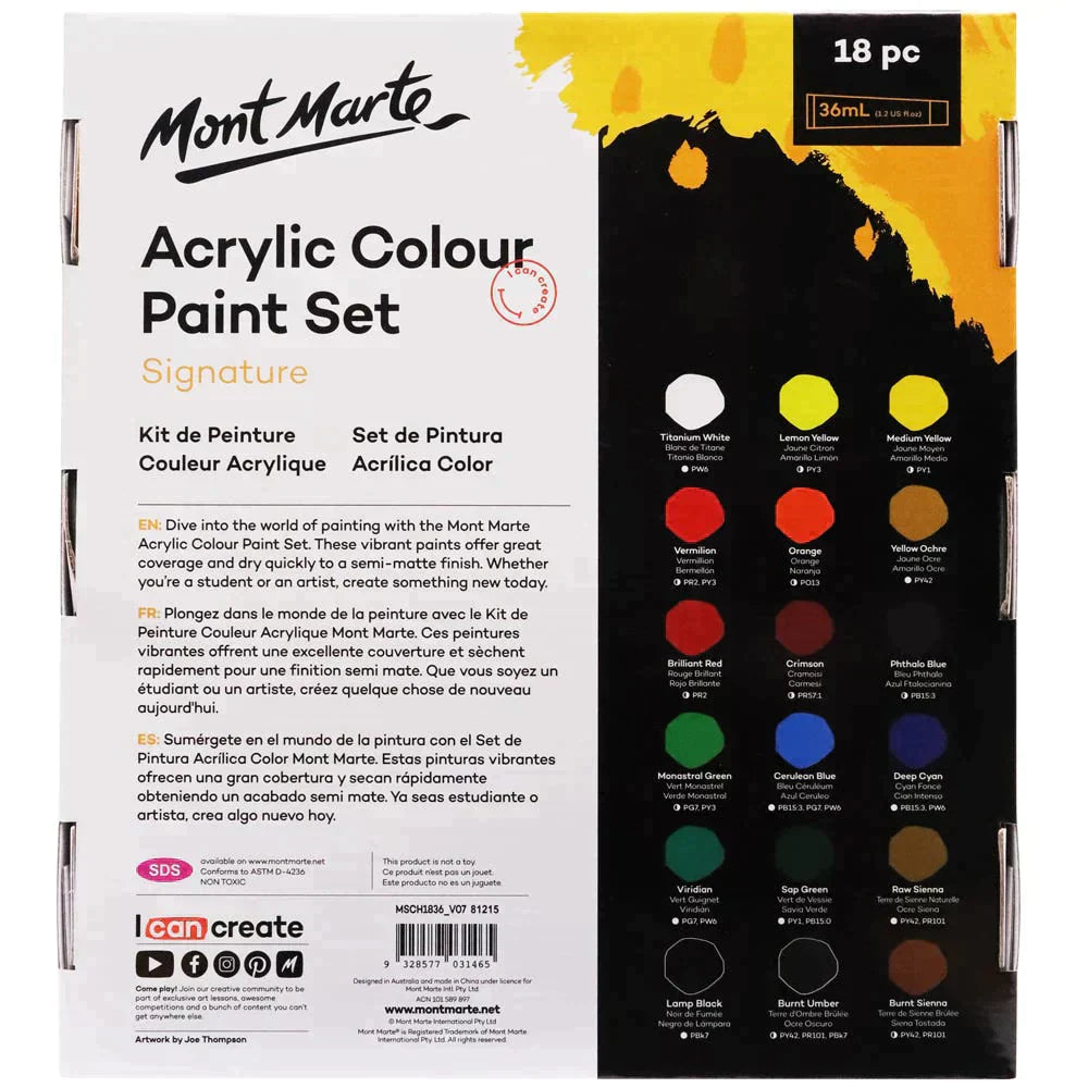 Mont Marte Paint Set - Signature Acrylic Paint Set 18pc x 36ml - MSCH1836