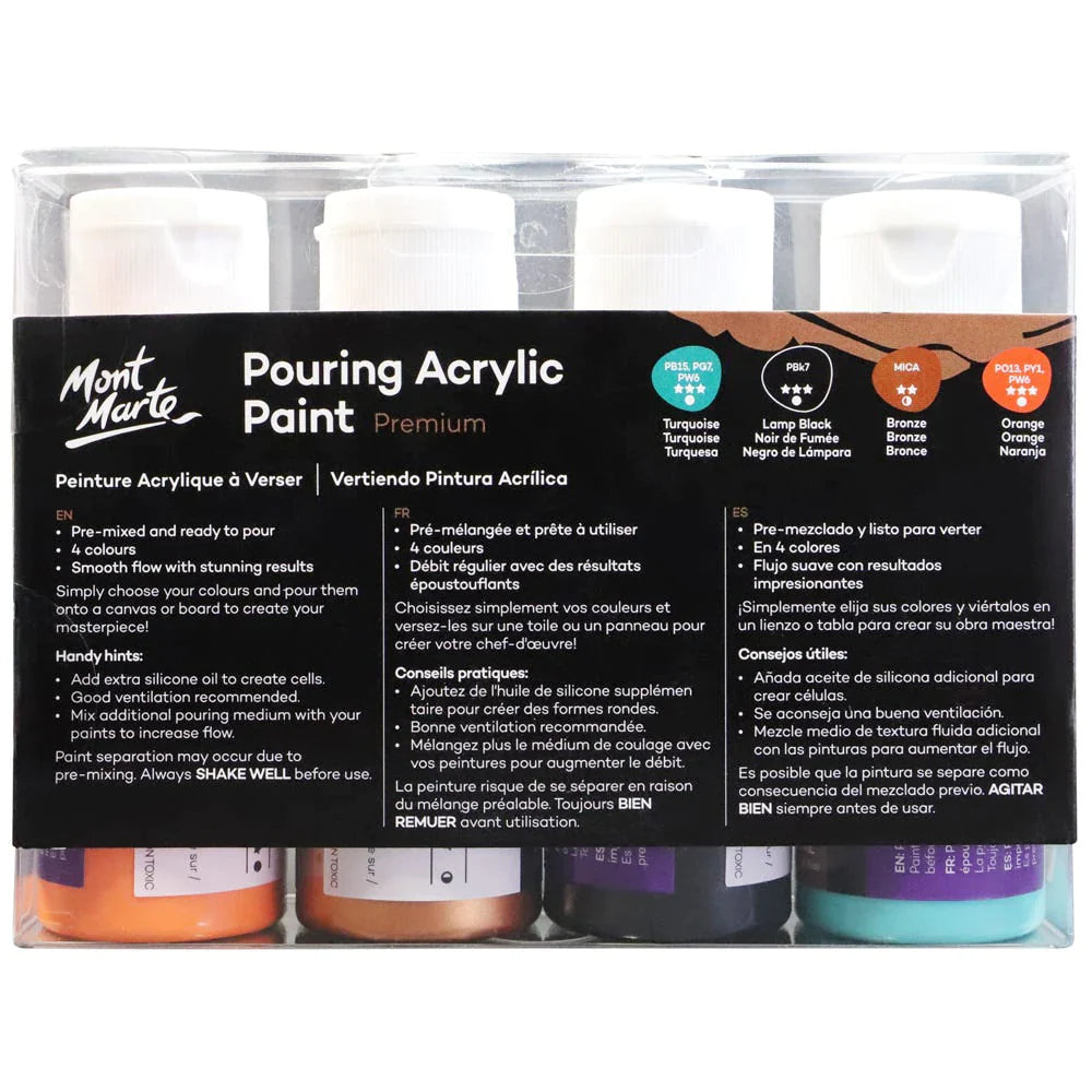 Mont Marte Pouring Acrylic Paint Set Premium 4pc x 60ml (2 US fl.oz) - Symphony PMPP4201