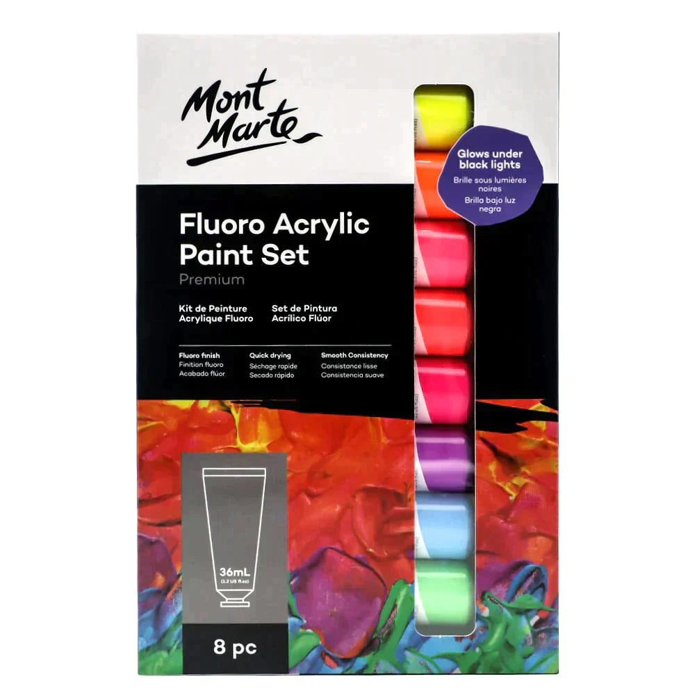Mont Marte Premium Paint Set - Fluoro Acrylic Paint 8pc x 36ml - PMFL8361