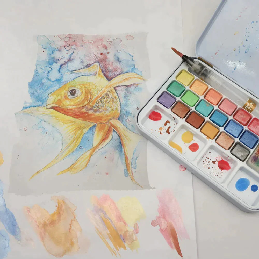 Mont Marte Premium Paint Set - Metallic Watercolour Pans w/Waterbrush and Sponge in Tin 21pc - PMHS0085