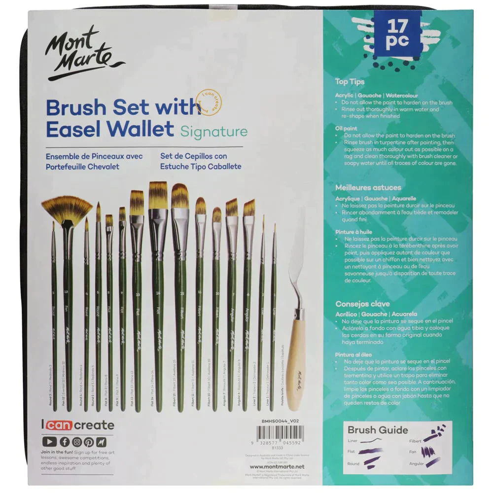 Mont Marte Signature Paint Brush Set BMHS0044 - Artist Brushes In Easel Wallet 17pc