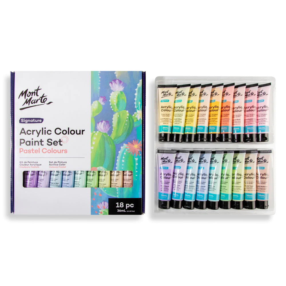 Mont Marte Acrylic Colour Pastel Paint Set Signature 18pc x 36ml (1.2 US fl.oz) MSCP1836