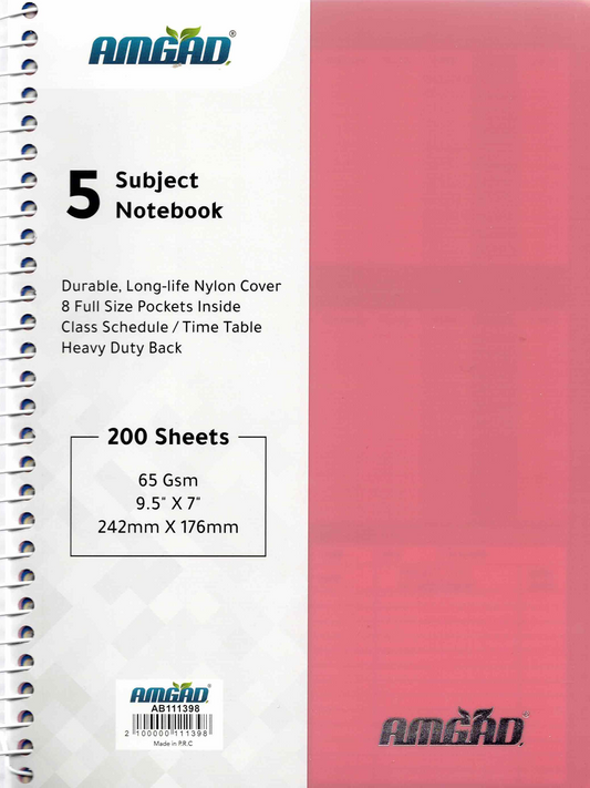 5-Subject Notebook with Durable Long-Life Nylon Cover – 200 Sheets – 242 × 176 mm