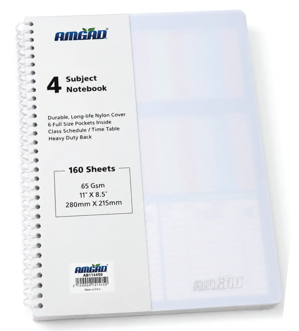 4-Subject Full Size Notebook with Durable Nylon Cover, 4 Inside Pockets & Class Schedule – 160 Sheets