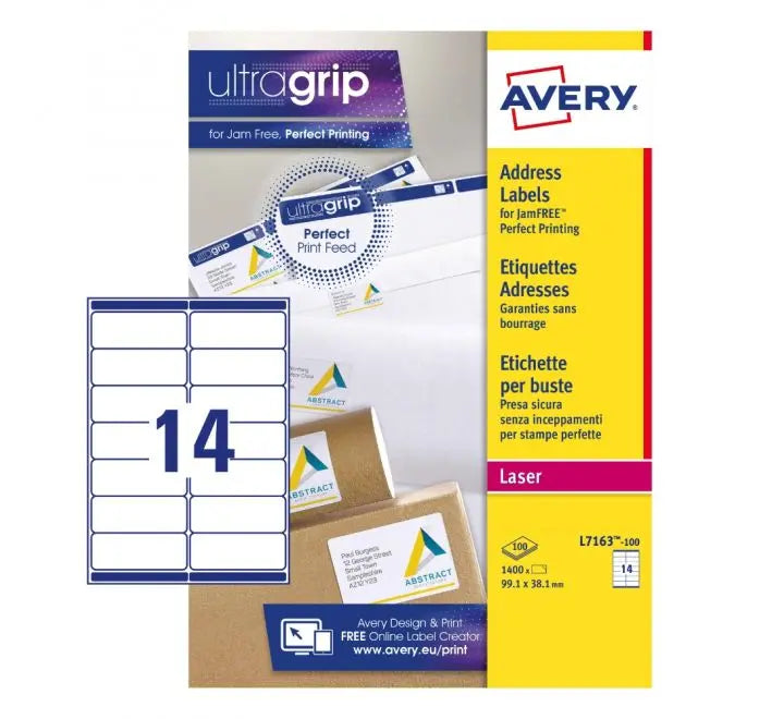 ADDRESS LABELS L7163-100 WITH ULTRAGRIP AND QUICKPEEL TECHNOLOGY, 99.1 X 38.1 MM, 14 LABELS PER SHEET, 100 SHEETS IN A PACK