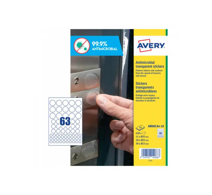 AVERY ANTIMICROBIAL ROUND PRE-CUT LABELS, 63LABELS PER SHEET, 10 SHEETS PER PACK (AM00CA4-10)