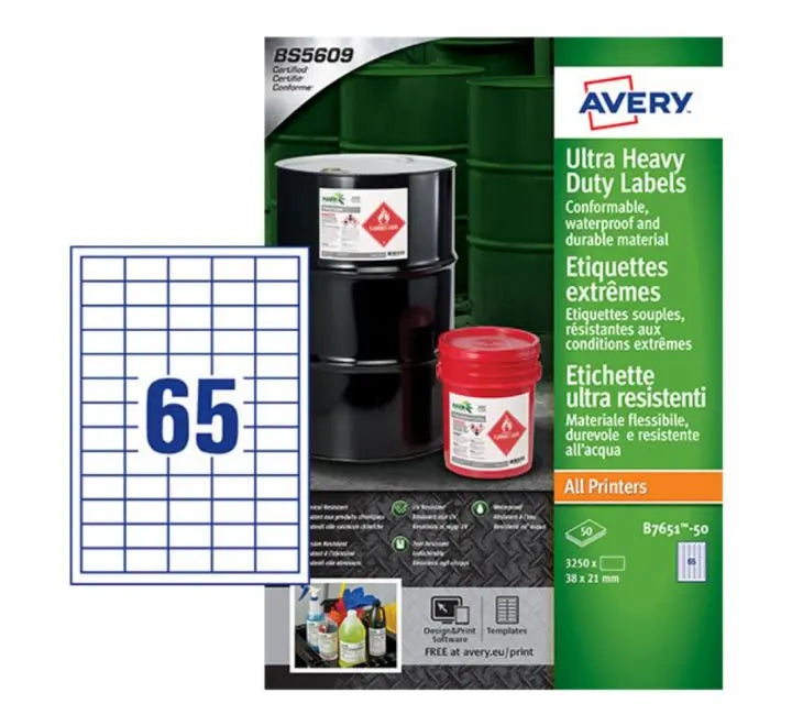 B7651 - AVERY ULTRA RESISTANT LABEL, 38X21MM, 65 LABEL PER SHEET, 20 SHEETS IN A PACK