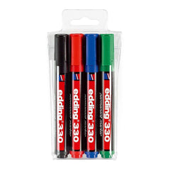 Edding E-330/4 S Permanent Markers with Chisel Nib, 4 Pieces, Black/Blue/Red/Green