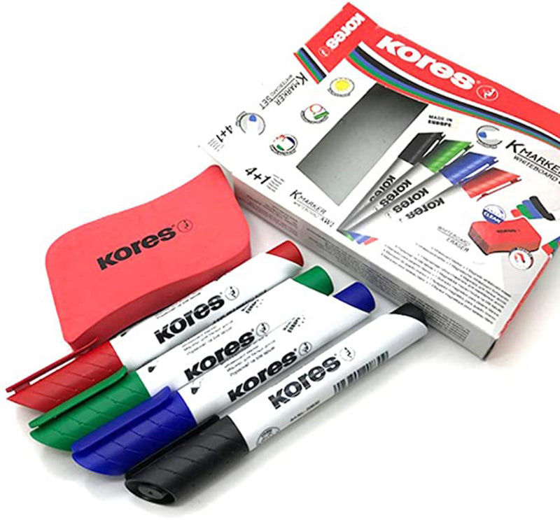 Kores 4-Piece K-Marker XW1 Whiteboard Marker Set with Magnetic Eraser/Bullet Tip, Multicolour