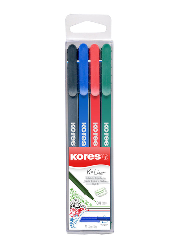 Kores 4-Piece K-Liner Fineliner with Metal-Clad Tip, 0.4mm