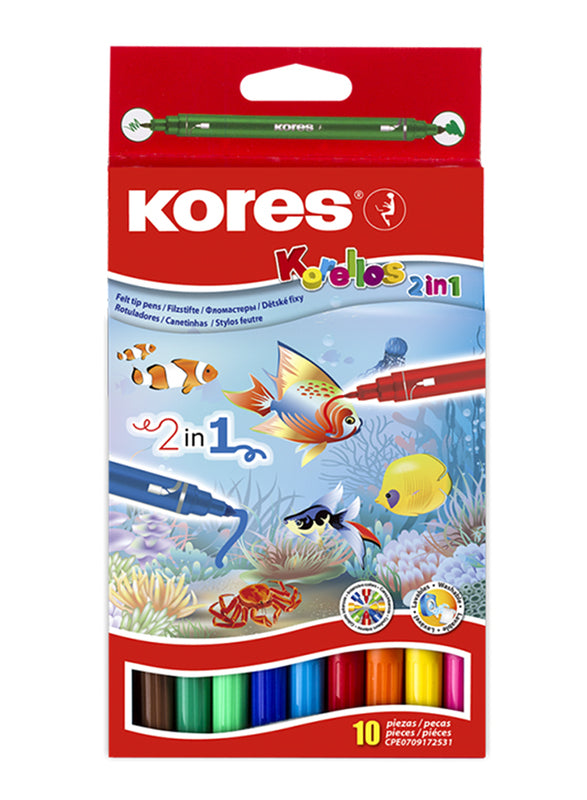 Kores Korellos 2-in-1 Fibre Felt Double Ended Tip Pen, 10 Piece