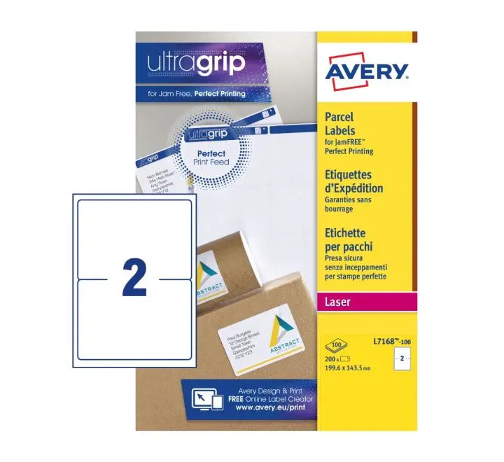 L7168 AVERY JAM FREE PARCEL LABEL, 199.6X143.5MM, 2 LABELS PER SHEET, 100 SHEETS IN A PACK