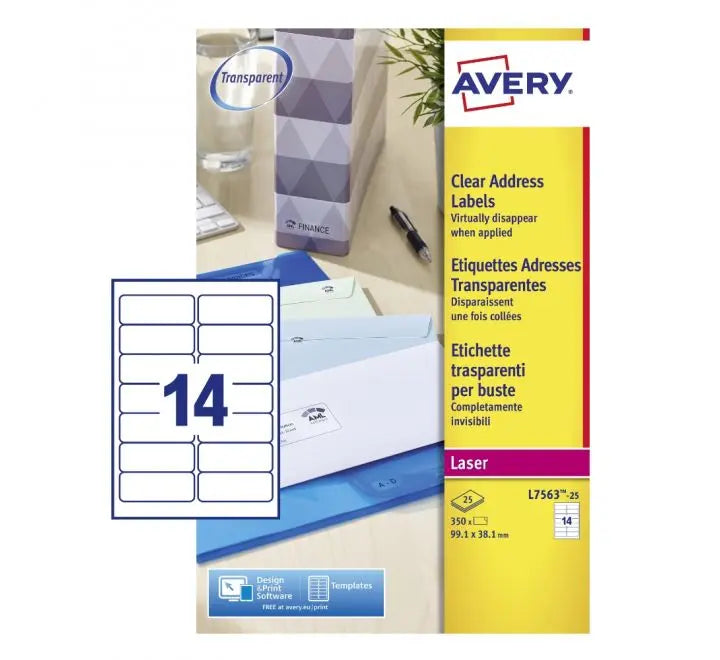 L7563 - AVERY TRANSPARENT ADDRESS LABEL, 99.1X38.1MM, 14 LABELS PER SHEET, 25 SHEETS IN A PACK