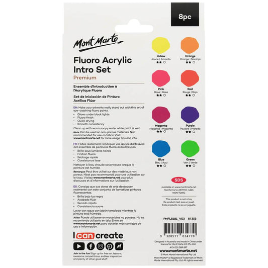 Mont Marte Fluro Glow In The Dark Acrylic Paint Intro Set 8 x 18ml - PMFL8181