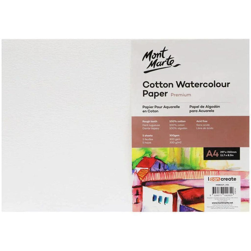 Mont Marte Premium Cotton Watercolour Paper A4 300gsm 5 Sheet - MSB0127