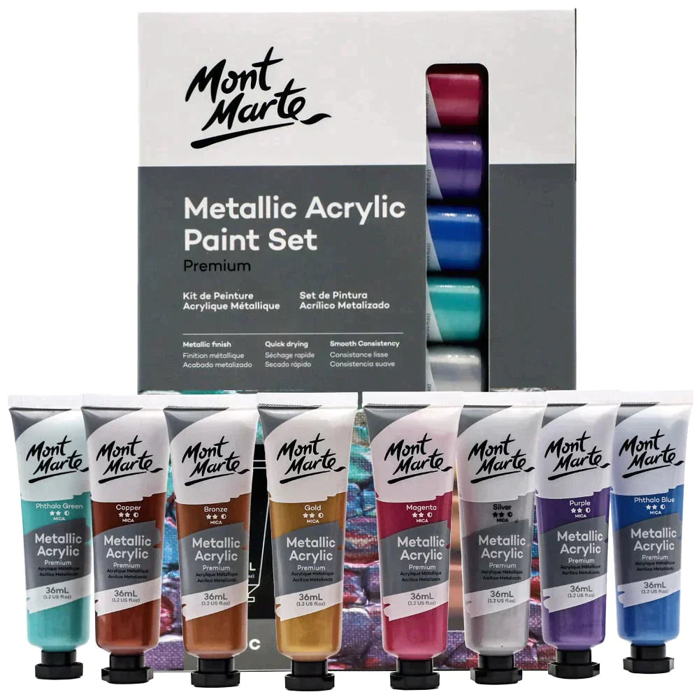 Mont Marte Premium Paint Set - Metallic Acrylic Paint 8pc x 36ml - PMMT8361