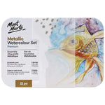 Mont Marte Premium Paint Set - Metallic Watercolour Pans w/Waterbrush and Sponge in Tin 21pc - PMHS0085