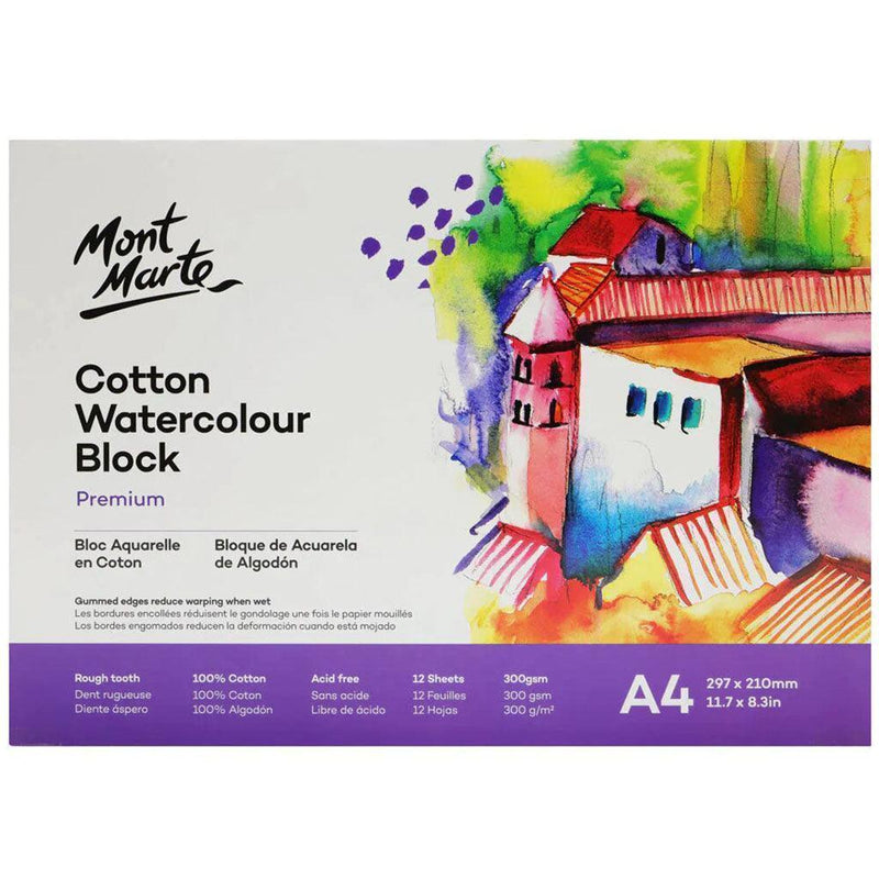 Mont Marte Premium Watercolour Block 100% Cotton A4 300gsm 12 Sheet - MSB0131