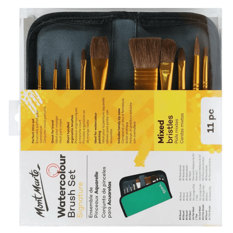 Mont Marte Signature Paint Brush Set BMHS0032- Watercolour Mixed Bristle In Wallet 11pc