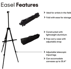 Mont Marte Tripod Easel - Portable Aluminium Field Easel Telescopic Legs w/Carry Bag Black