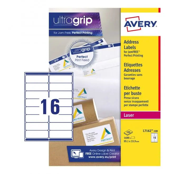 SELF ADHESIVE ADDRESS MAILING LABELS L7162-100, ULTRAGRIP TECHNOLOGY, 99.1X33.9 MM, 16 LABELS PER SHEET, 100 SHEETS IN A PACK