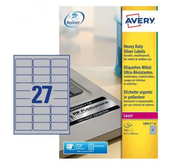 SILVER HEAVYDUTY LABELS L6011-20, 63.5 X 29.6 MM, 27 LABELS IN A SHEET, 20 SHEETS PER PACK, FOR B/W LASER PRINTER