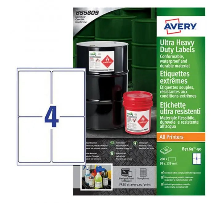 ULTRA HEAVY DUTY INDUSTRIAL WATERPROOF GHS LABELS B7169-50 EXTRA STRONG ADHESIVE, 99 X 139 MM, 4 LABELS PER SHEET, 50 SHEETS IN A PACK